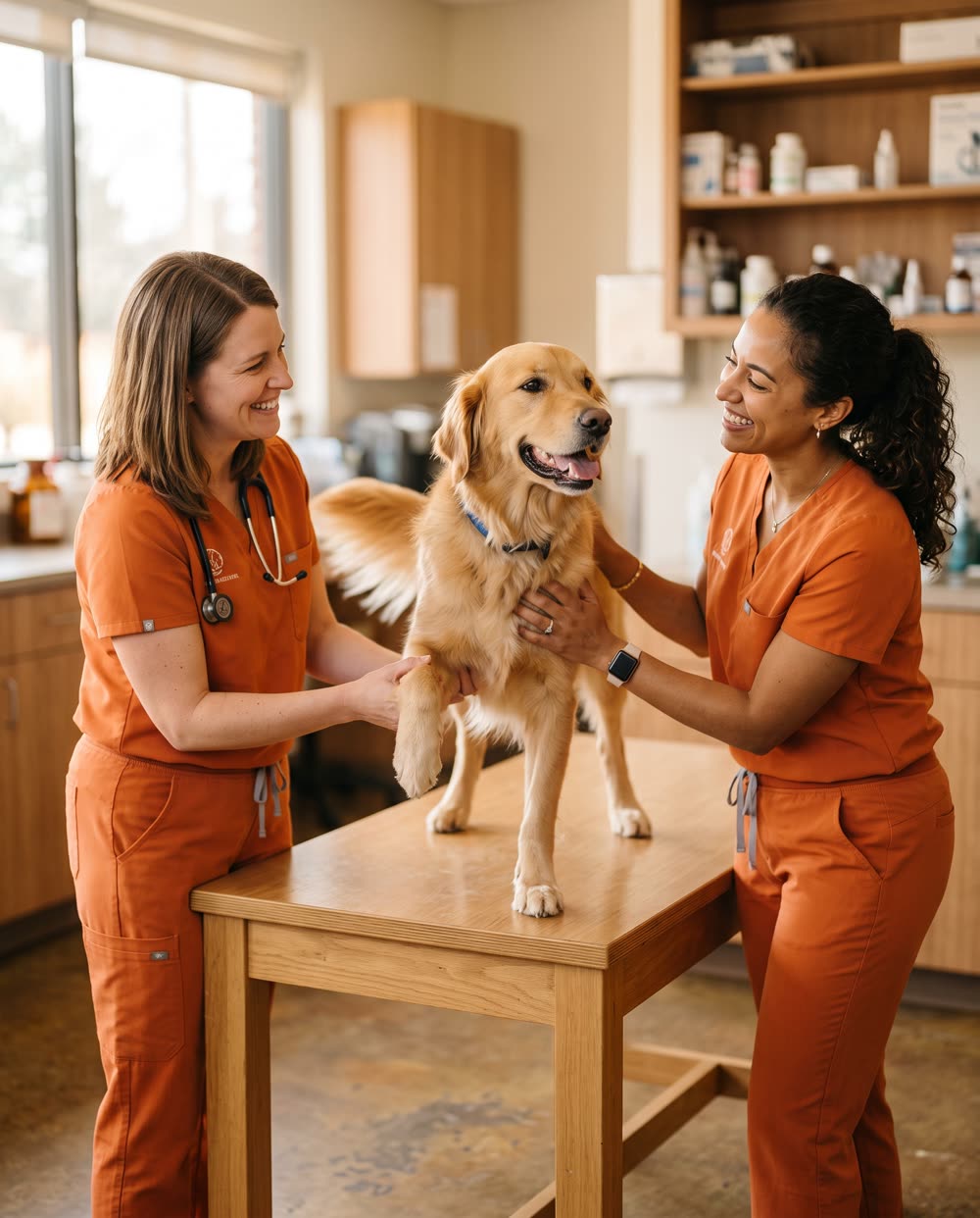 Veterinárias de jaleco laranja examinando um golden retriever